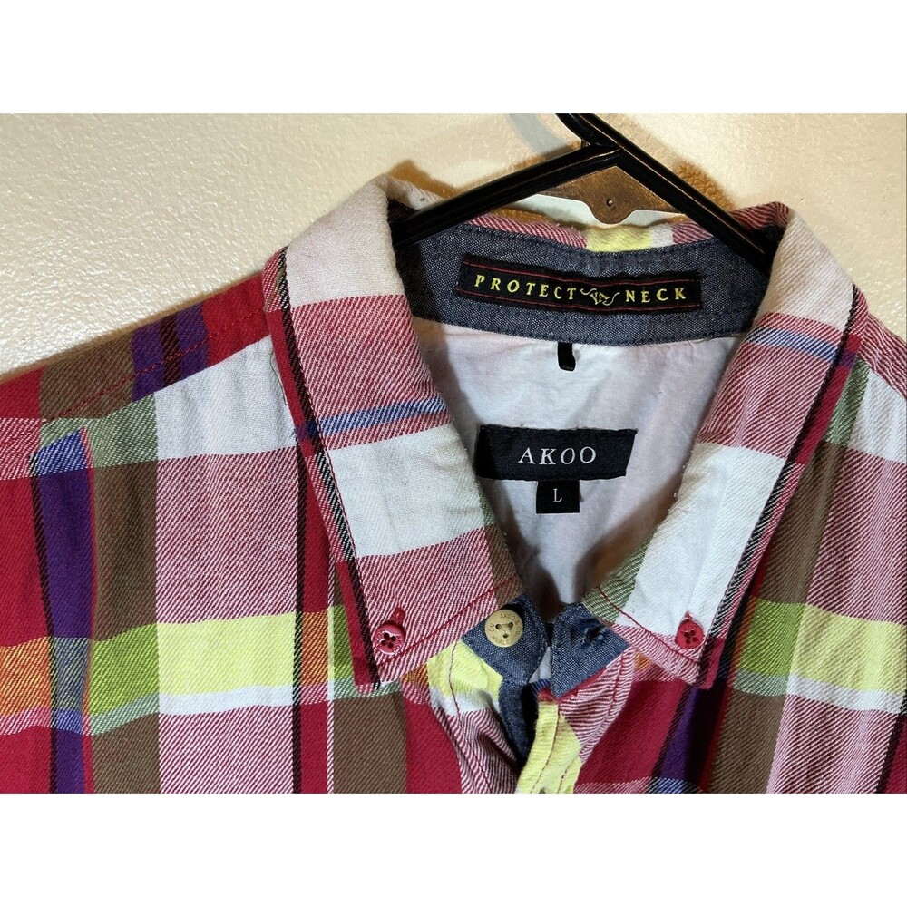 AKOO Men’s Patchwork Plaid L Short Sleeve Button Shirt Collar Contrast Panel